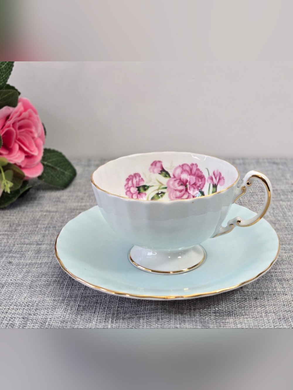Vintage Aynsley Baby Blue Teacup & Saucer Pink Carnations Bone China England